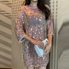 European Summer Loose Sequin Short Sleeve T-Shirt