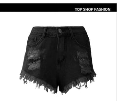 Irregular Cat Whiskers Fringed High Denim Shorts